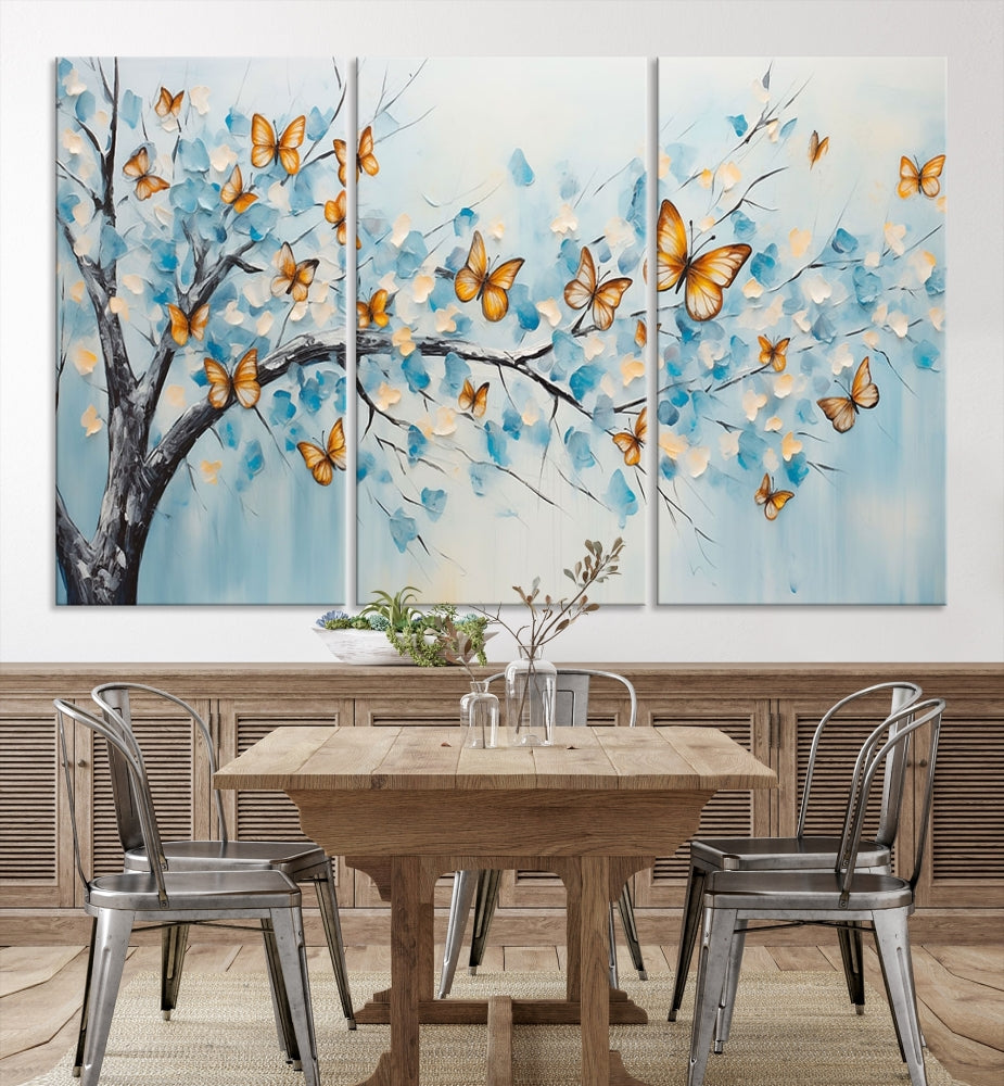 White Flowers Canvas Tree Painting with Butterflies Modern Wall Art Set of Print