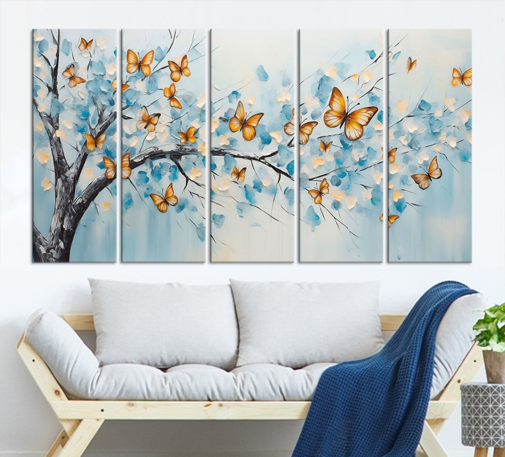 White Flowers Canvas Tree Painting with Butterflies Modern Wall Art Set of Print