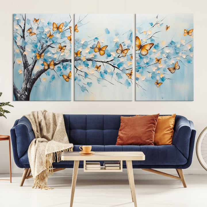 White Flowers Canvas Tree Painting with Butterflies Modern Wall Art Set of Print