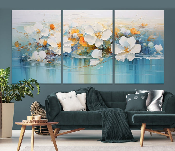 White Golden Flowers in Water Painting Relaxing Wall Art Framed Canvas Print