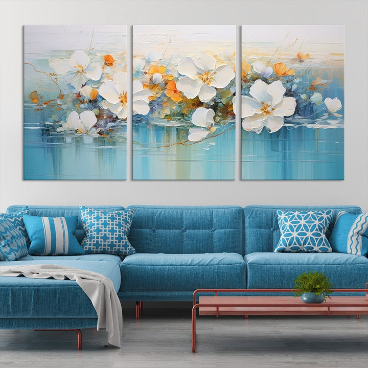 White Golden Flowers in Water Painting Relaxing Wall Art Framed Canvas Print