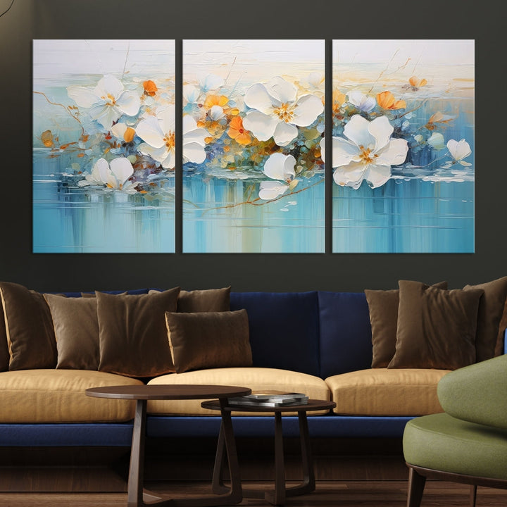 White Golden Flowers in Water Painting Relaxing Wall Art Framed Canvas Print