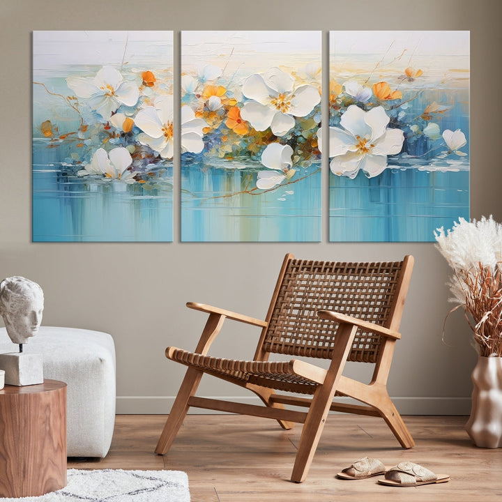 White Golden Flowers in Water Painting Relaxing Wall Art Framed Canvas Print