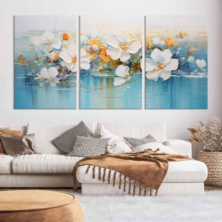 White Golden Flowers in Water Painting Relaxing Wall Art Framed Canvas Print