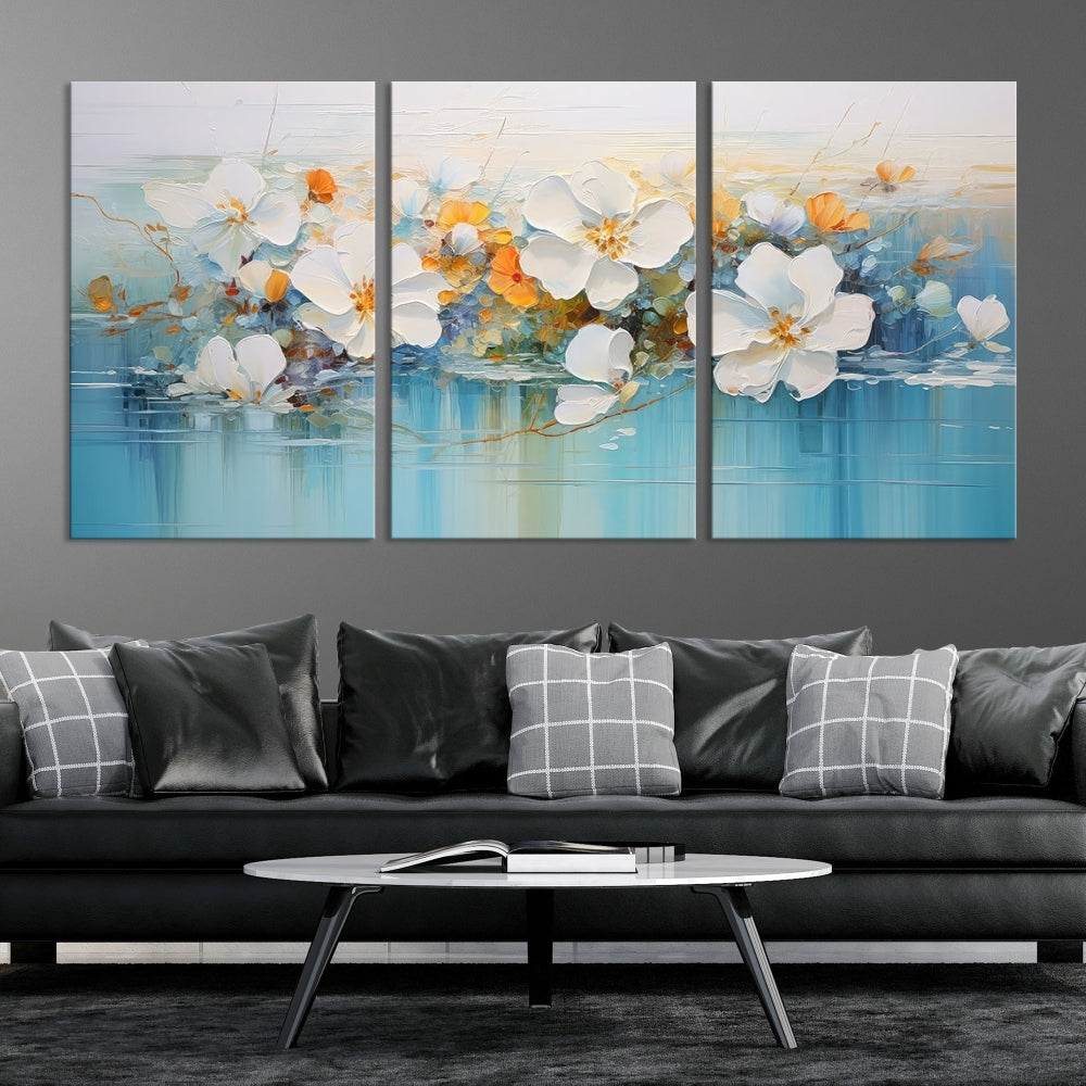 White Golden Flowers in Water Painting Relaxing Wall Art Framed Canvas Print