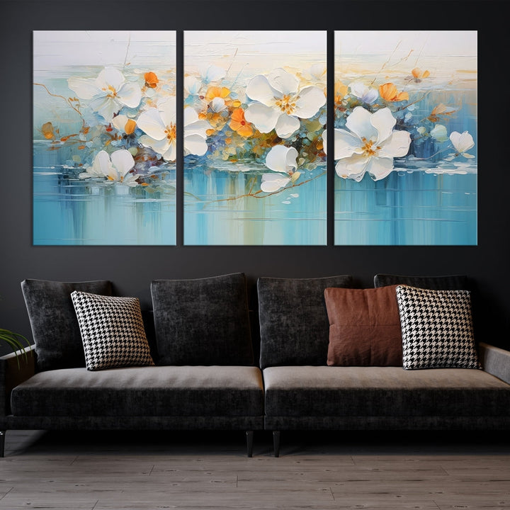 White Golden Flowers in Water Painting Relaxing Wall Art Framed Canvas Print