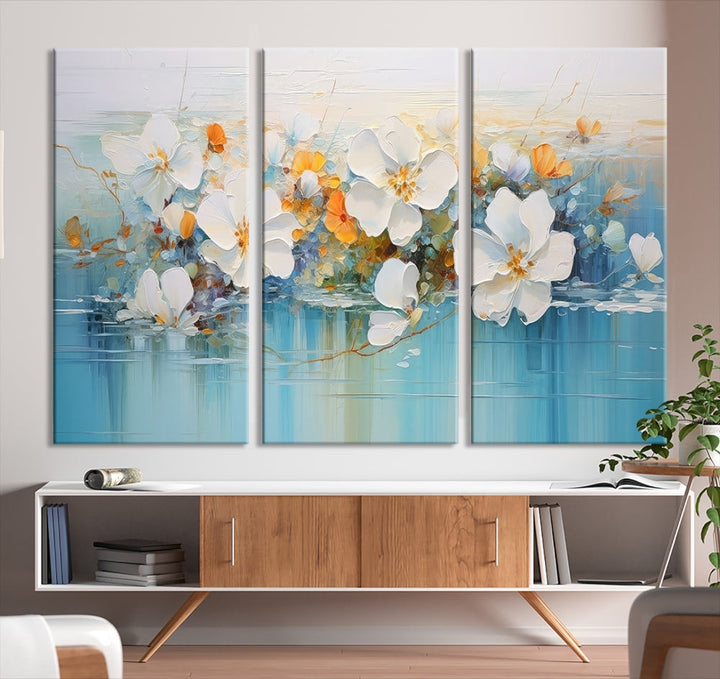 White Golden Flowers in Water Painting Relaxing Wall Art Framed Canvas Print