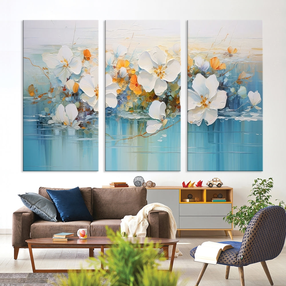 White Golden Flowers in Water Painting Relaxing Wall Art Framed Canvas Print