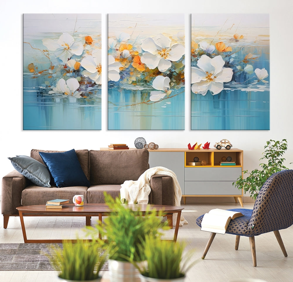 White Golden Flowers in Water Painting Relaxing Wall Art Framed Canvas Print