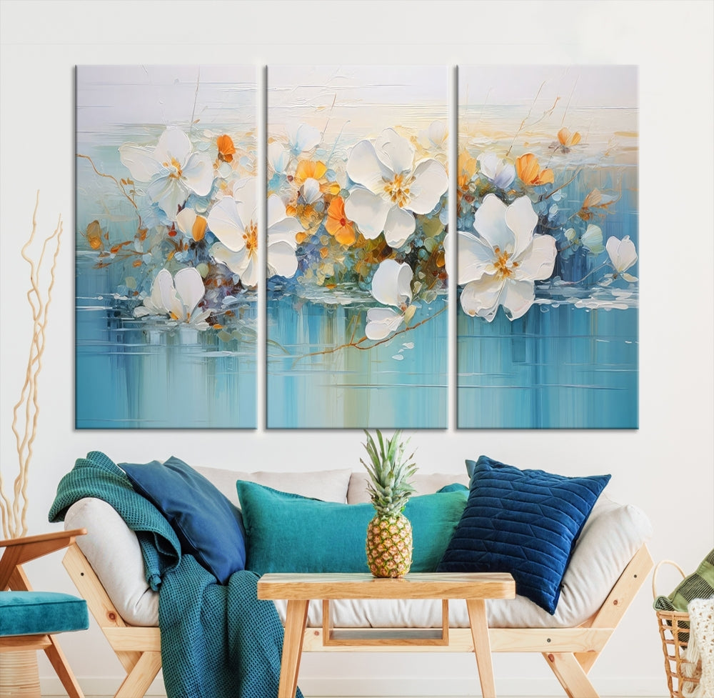 White Golden Flowers in Water Painting Relaxing Wall Art Framed Canvas Print