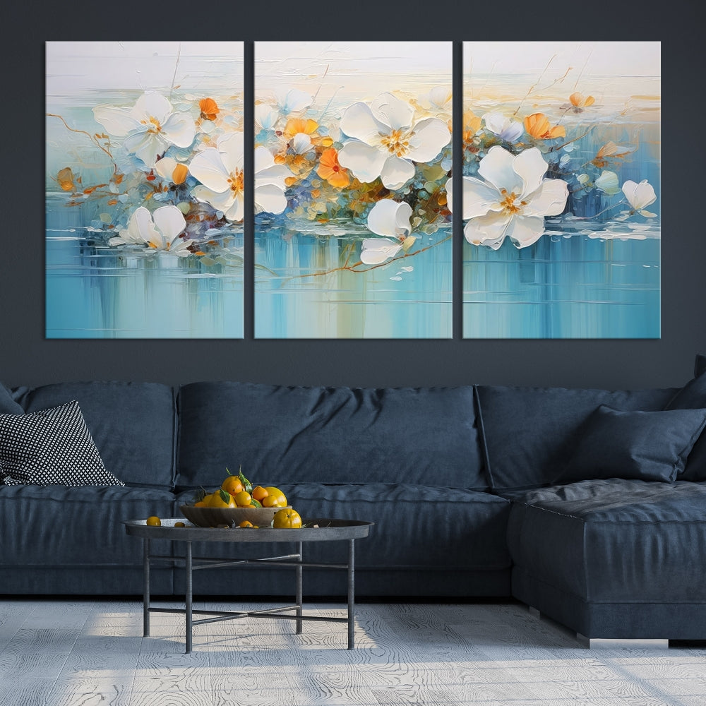 White Golden Flowers in Water Painting Relaxing Wall Art Framed Canvas Print