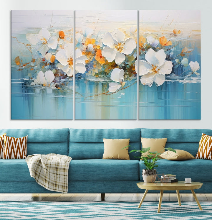 White Golden Flowers in Water Painting Relaxing Wall Art Framed Canvas Print