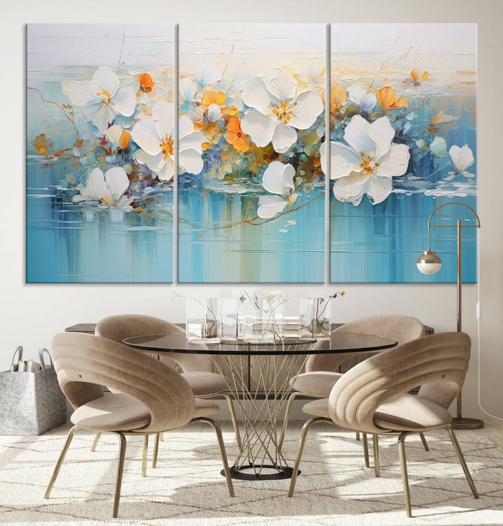 White Golden Flowers in Water Painting Relaxing Wall Art Framed Canvas Print