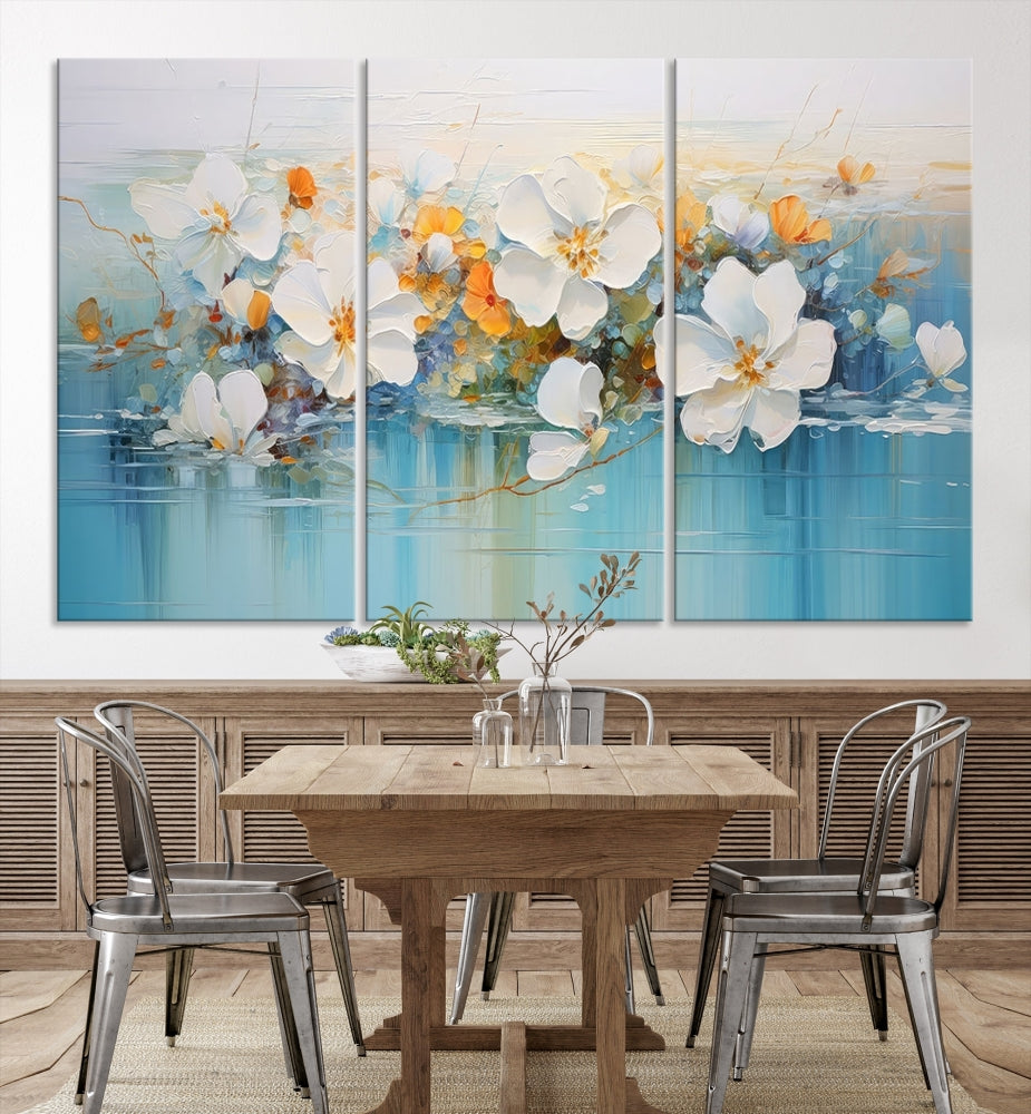 White Golden Flowers in Water Painting Relaxing Wall Art Framed Canvas Print