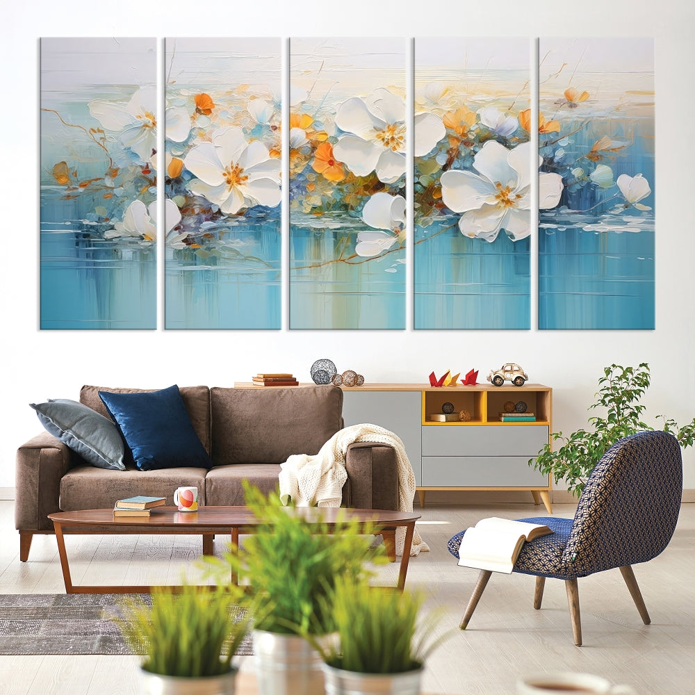 White Golden Flowers in Water Painting Relaxing Wall Art Framed Canvas Print