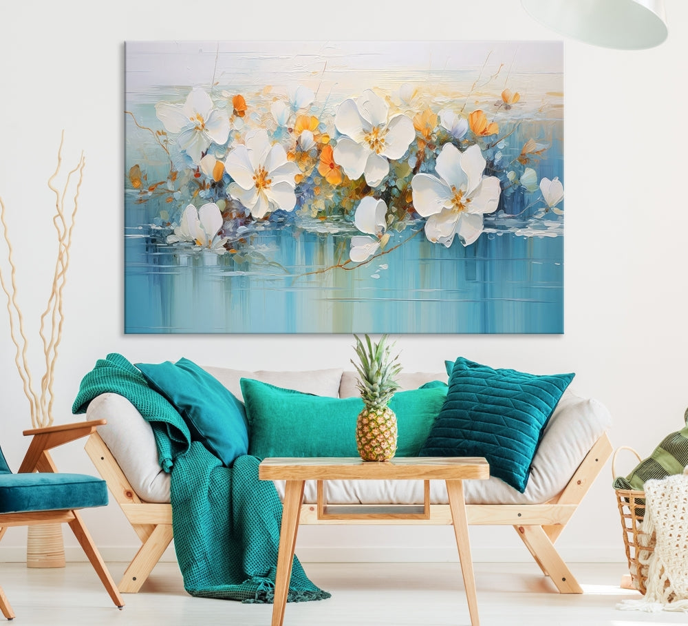 White Golden Flowers in Water Painting Relaxing Wall Art Framed Canvas Print