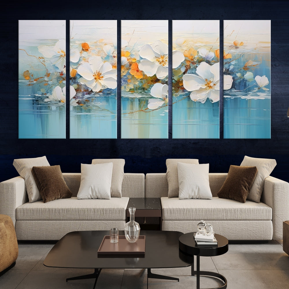 White Golden Flowers in Water Painting Relaxing Wall Art Framed Canvas Print