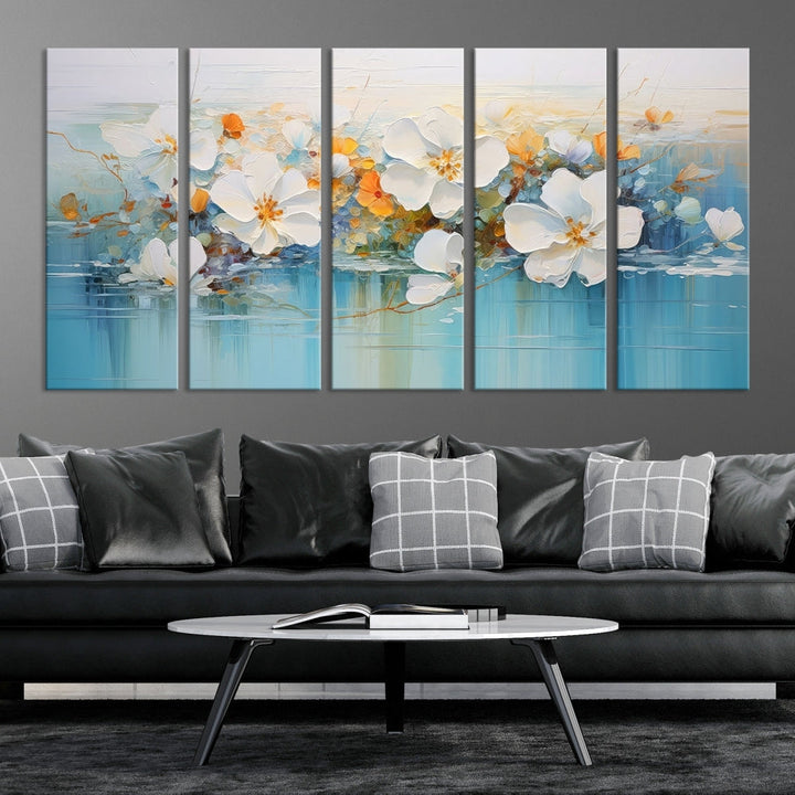 White Golden Flowers in Water Painting Relaxing Wall Art Framed Canvas Print