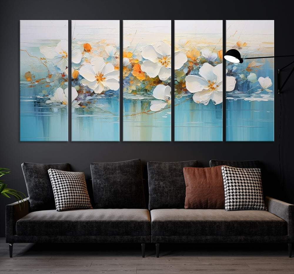 White Golden Flowers in Water Painting Relaxing Wall Art Framed Canvas Print