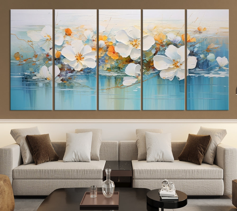 White Golden Flowers in Water Painting Relaxing Wall Art Framed Canvas Print