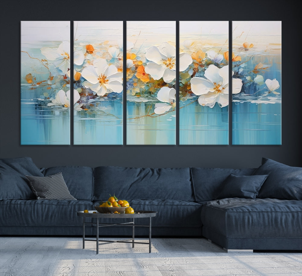 White Golden Flowers in Water Painting Relaxing Wall Art Framed Canvas Print