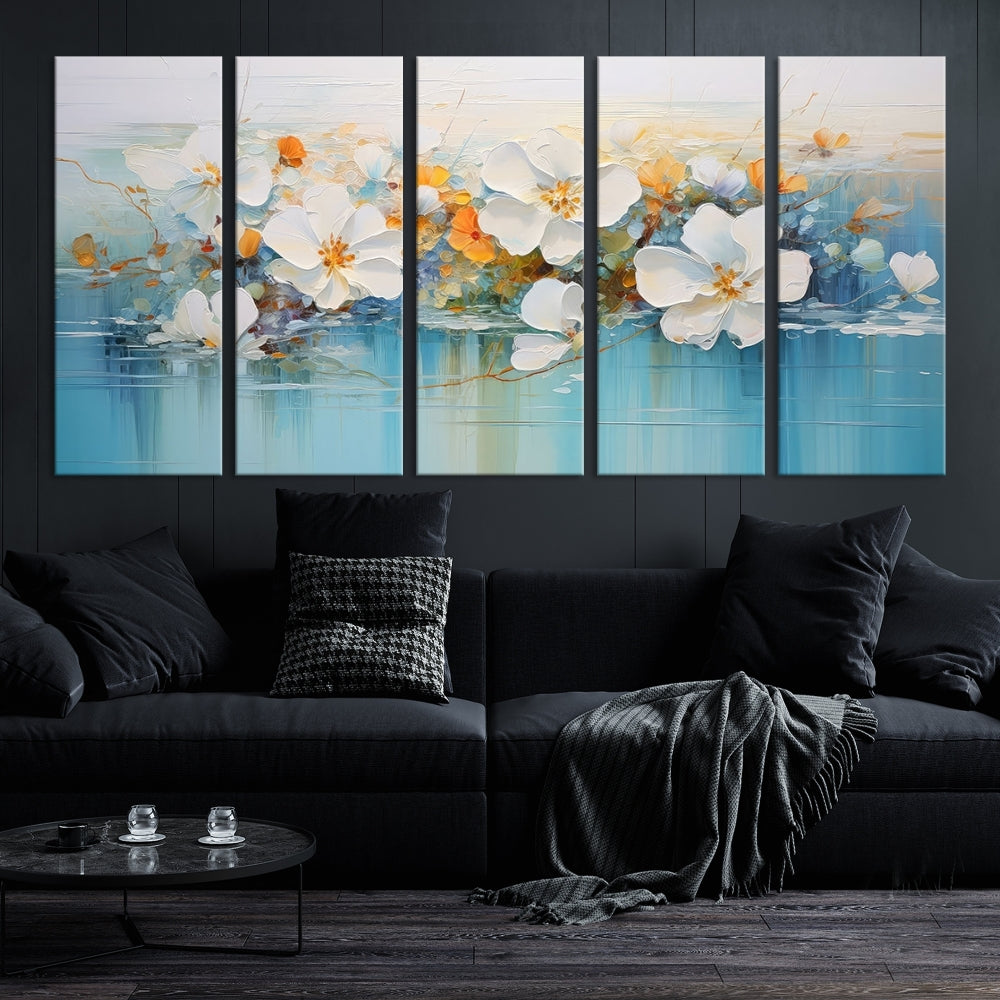 White Golden Flowers in Water Painting Relaxing Wall Art Framed Canvas Print