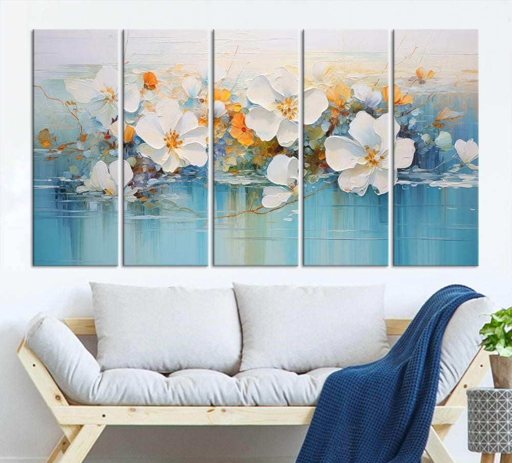 White Golden Flowers in Water Painting Relaxing Wall Art Framed Canvas Print