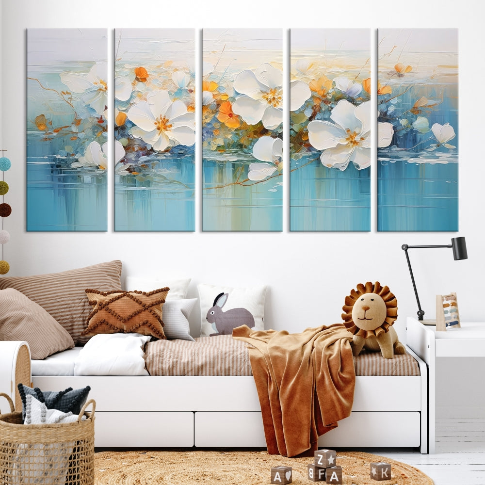 White Golden Flowers in Water Painting Relaxing Wall Art Framed Canvas Print