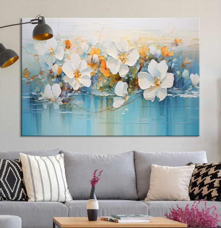 White Golden Flowers in Water Painting Relaxing Wall Art Framed Canvas Print