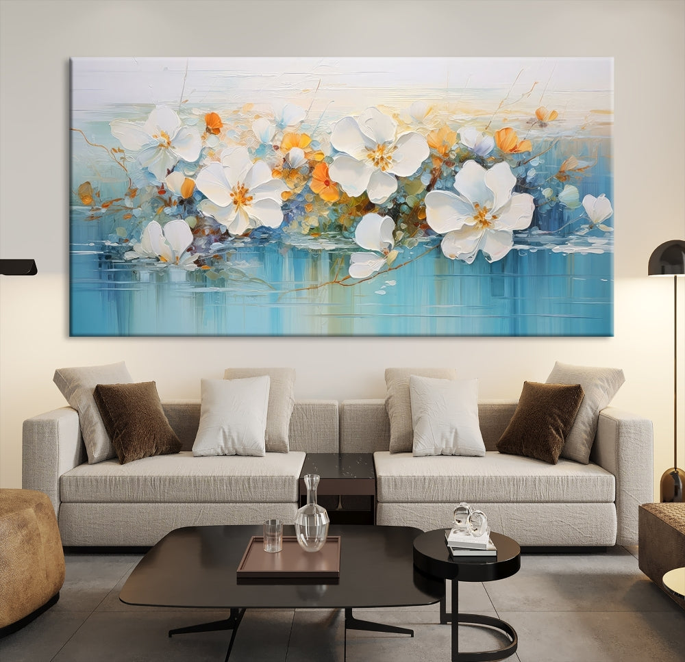 White Golden Flowers in Water Painting Relaxing Wall Art Framed Canvas Print