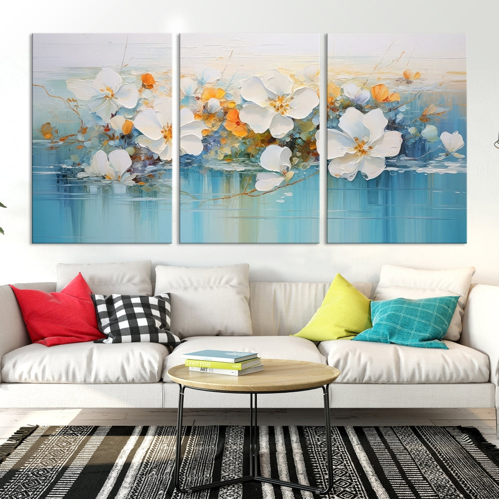 White Golden Flowers in Water Painting Relaxing Wall Art Framed Canvas Print