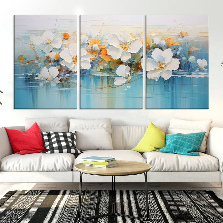 White Golden Flowers in Water Painting Relaxing Wall Art Framed Canvas Print