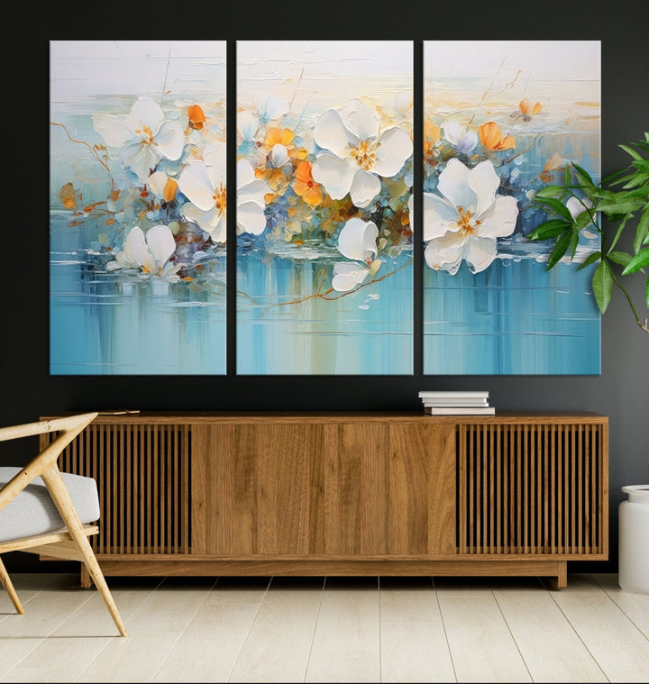 White Golden Flowers in Water Painting Relaxing Wall Art Framed Canvas Print