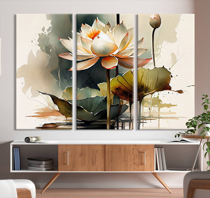 White Lotus Wall Art Floral Canvas Print, Lotus Flower Art Print, Set of 3 Wall Decor for Living Room