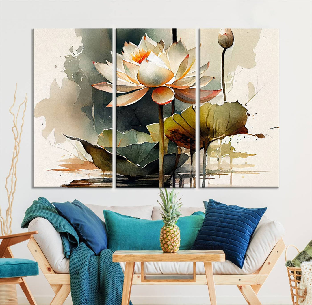 White Lotus Wall Art Floral Canvas Print, Lotus Flower Art Print, Set of 3 Wall Decor for Living Room