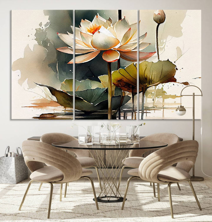 White Lotus Wall Art Floral Canvas Print, Lotus Flower Art Print, Set of 3 Wall Decor for Living Room