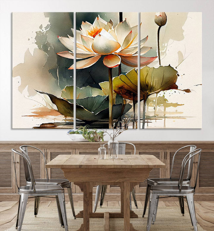 White Lotus Wall Art Floral Canvas Print, Lotus Flower Art Print, Set of 3 Wall Decor for Living Room