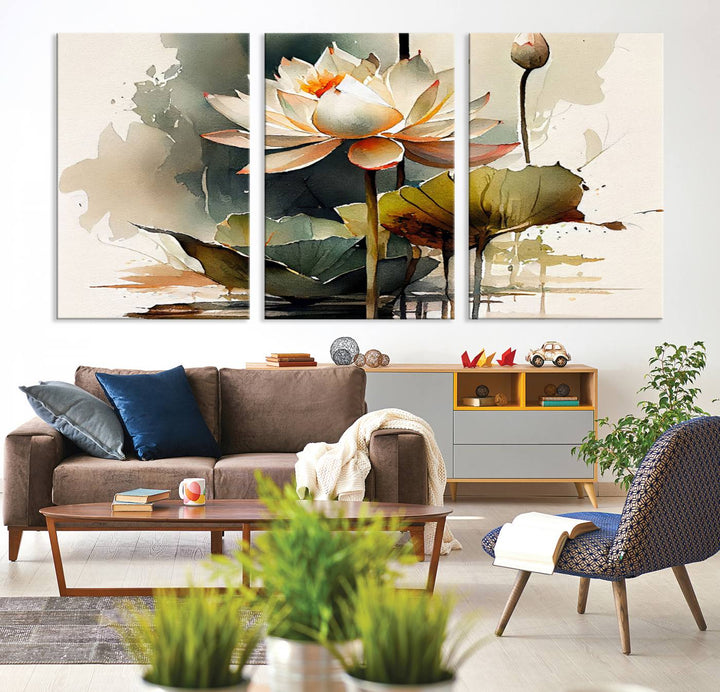 White Lotus Wall Art Floral Canvas Print, Lotus Flower Art Print, Set of 3 Wall Decor for Living Room