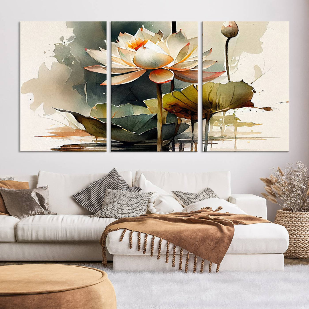 White Lotus Wall Art Floral Canvas Print, Lotus Flower Art Print, Set of 3 Wall Decor for Living Room