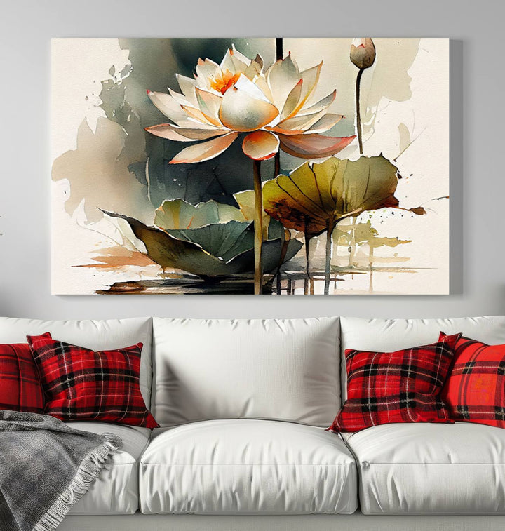 White Lotus Wall Art Floral Canvas Print, Lotus Flower Art Print, Set of 3 Wall Decor for Living Room