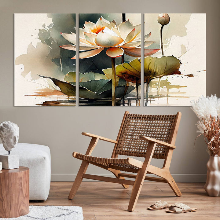 White Lotus Wall Art Floral Canvas Print, Lotus Flower Art Print, Set of 3 Wall Decor for Living Room