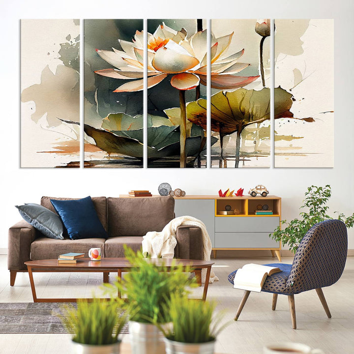 White Lotus Wall Art Floral Canvas Print, Lotus Flower Art Print, Set of 3 Wall Decor for Living Room