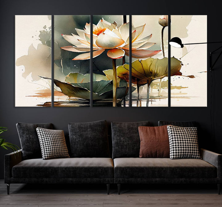 White Lotus Wall Art Floral Canvas Print, Lotus Flower Art Print, Set of 3 Wall Decor for Living Room