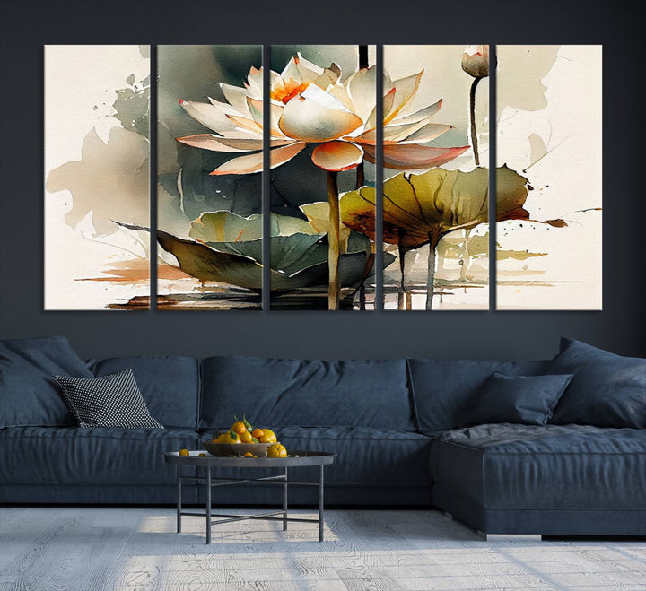 White Lotus Wall Art Floral Canvas Print, Lotus Flower Art Print, Set of 3 Wall Decor for Living Room