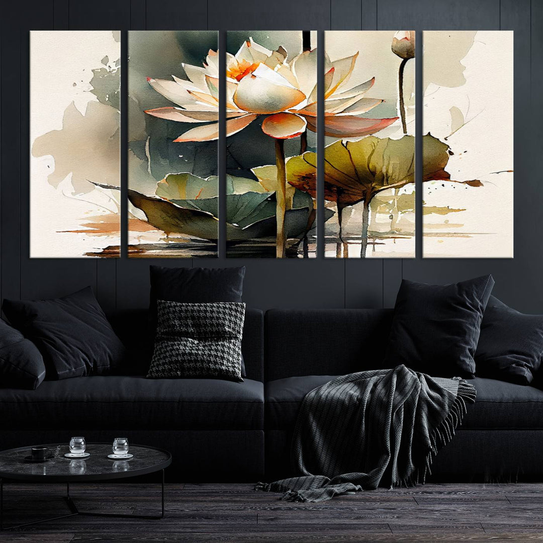 White Lotus Wall Art Floral Canvas Print, Lotus Flower Art Print, Set of 3 Wall Decor for Living Room