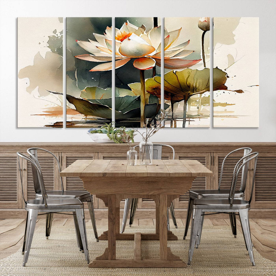 White Lotus Wall Art Floral Canvas Print, Lotus Flower Art Print, Set of 3 Wall Decor for Living Room