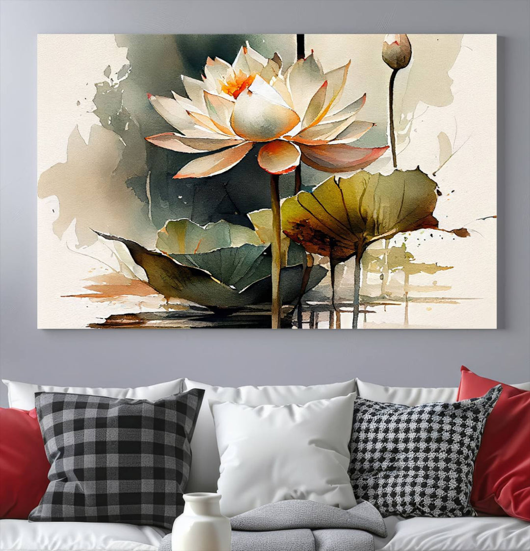 White Lotus Wall Art Floral Canvas Print, Lotus Flower Art Print, Set of 3 Wall Decor for Living Room