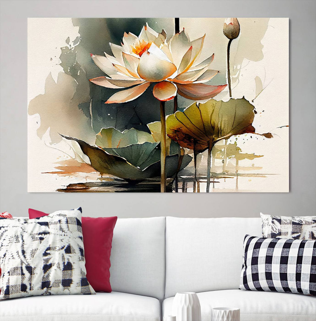 White Lotus Wall Art Floral Canvas Print, Lotus Flower Art Print, Set of 3 Wall Decor for Living Room