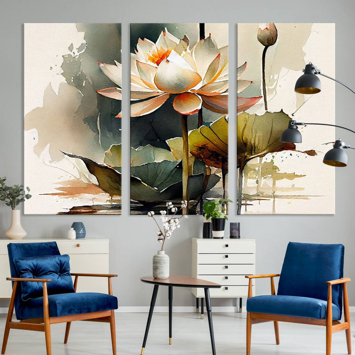 White Lotus Wall Art Floral Canvas Print, Lotus Flower Art Print, Set of 3 Wall Decor for Living Room