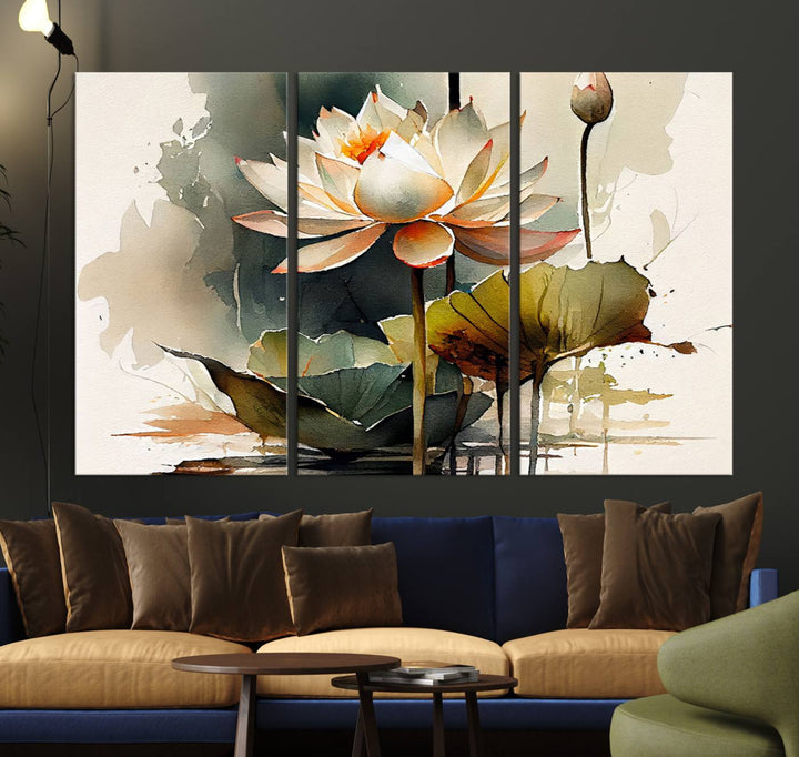 White Lotus Wall Art Floral Canvas Print, Lotus Flower Art Print, Set of 3 Wall Decor for Living Room